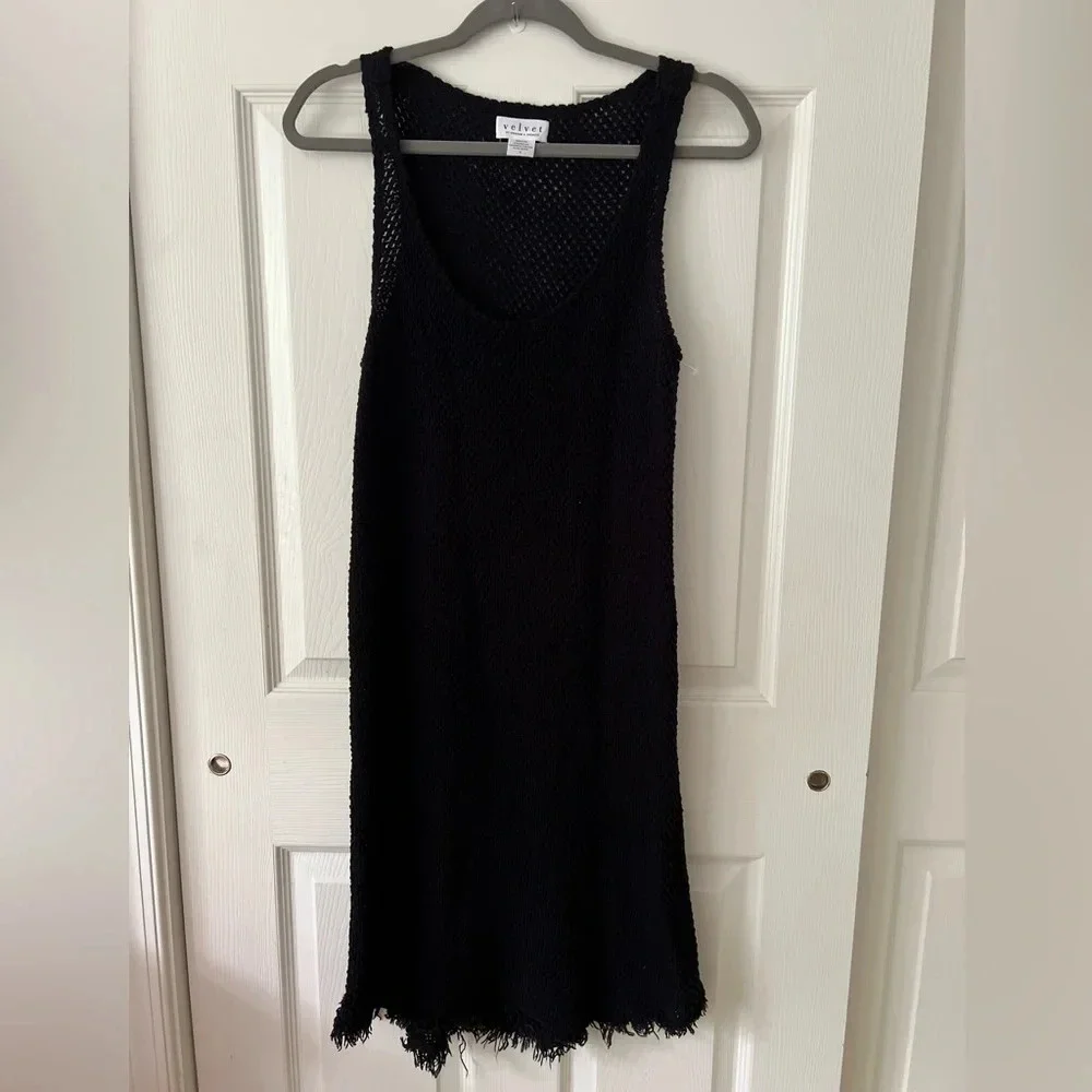 VELVET by Graham & Spencer Women Knitwear Dress Small Black Waffle Fringe Cotton